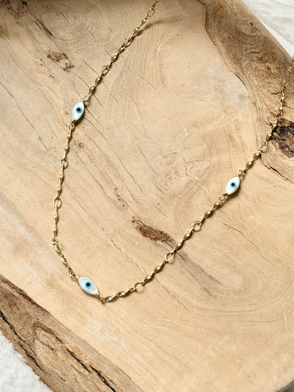 Mother of Pearl Evil Eye + Gold Stainless Charm Necklace