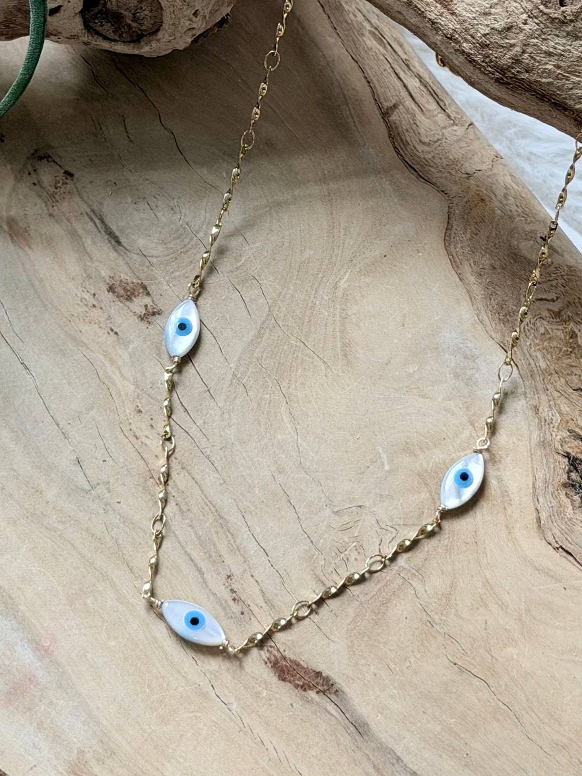 Mother of Pearl Evil Eye + Gold Stainless Charm Necklace