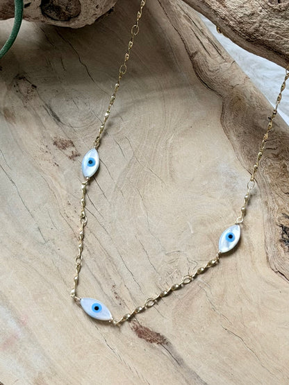 Mother of Pearl Evil Eye + Gold Stainless Charm Necklace
