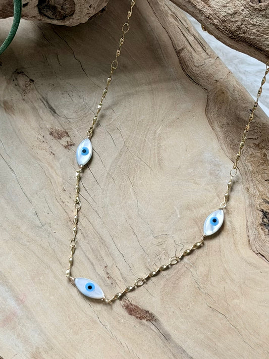 Mother of Pearl Evil Eye + Gold Stainless Charm Necklace