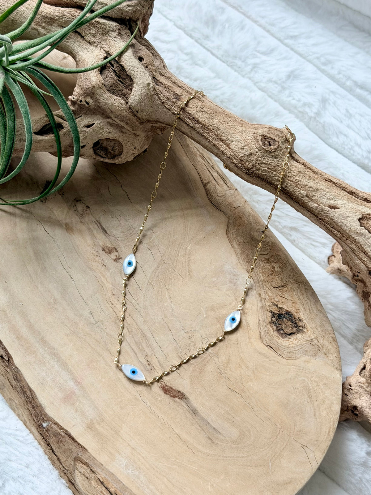 Mother of Pearl Evil Eye + Gold Stainless Charm Necklace
