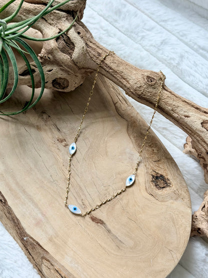 Mother of Pearl Evil Eye + Gold Stainless Charm Necklace