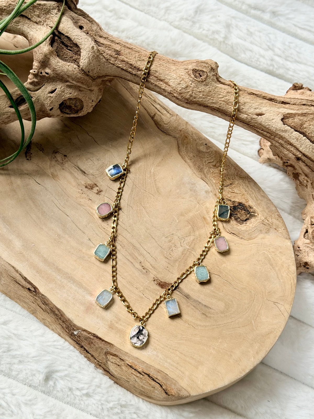 Mixed Gemstone + Gold Stainless Charm Necklace