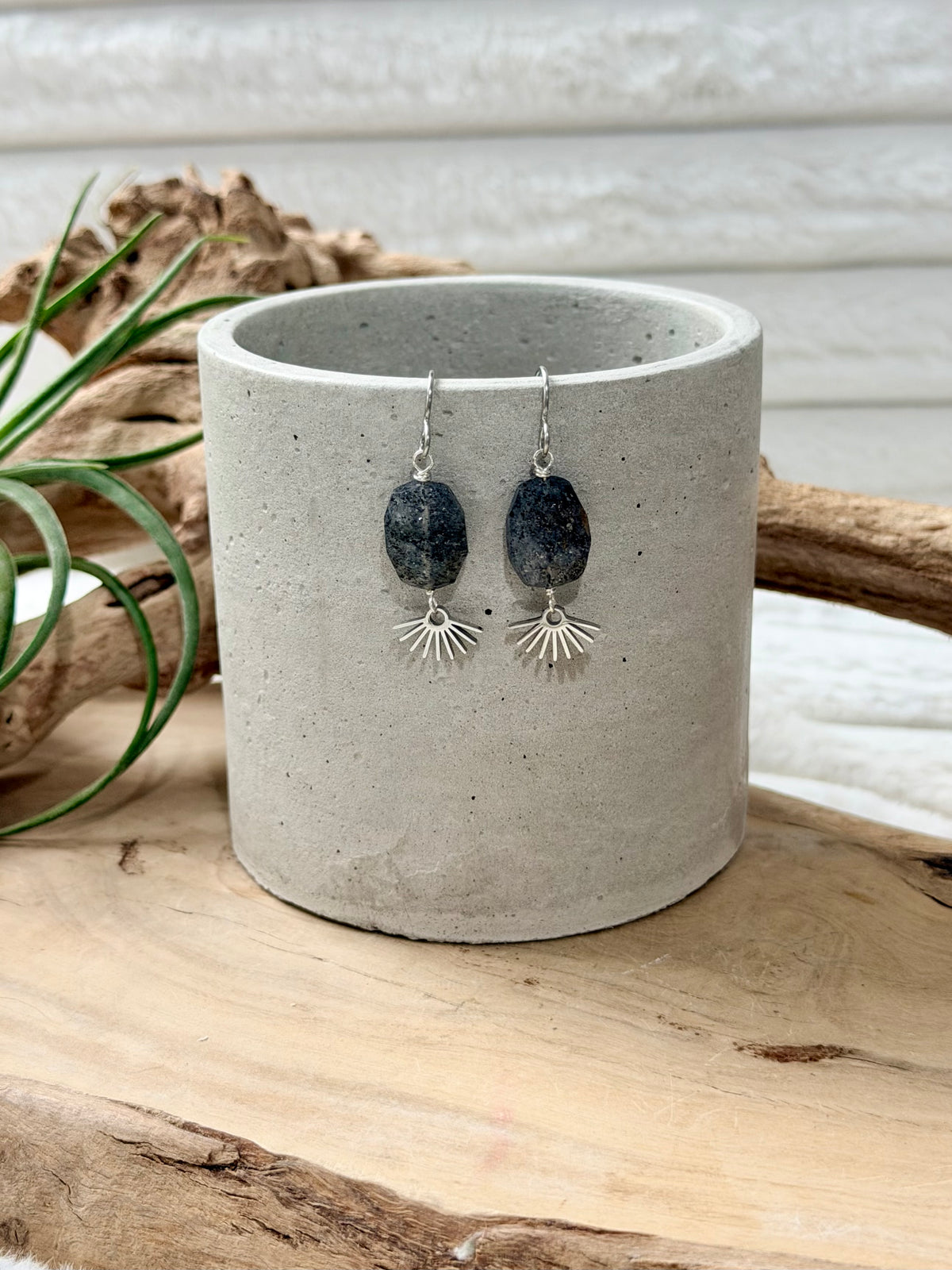 Black Sunstone + Silver Starburst Earrings