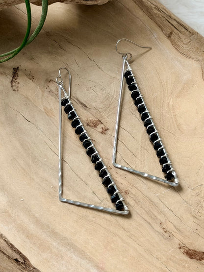 Black Onyx + Silver Large Triangle Earrings