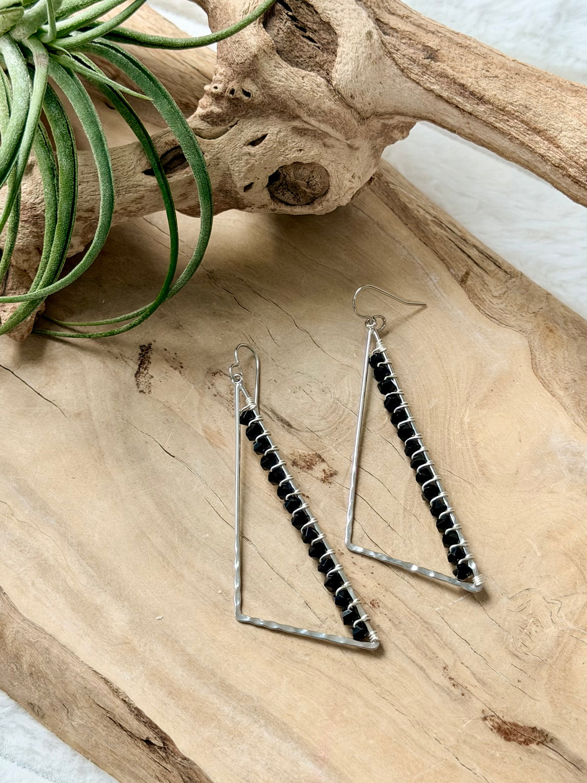 Black Onyx + Silver Large Triangle Earrings
