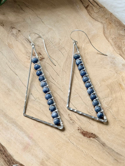 Blue Coral + Silver Large Triangle Earrings