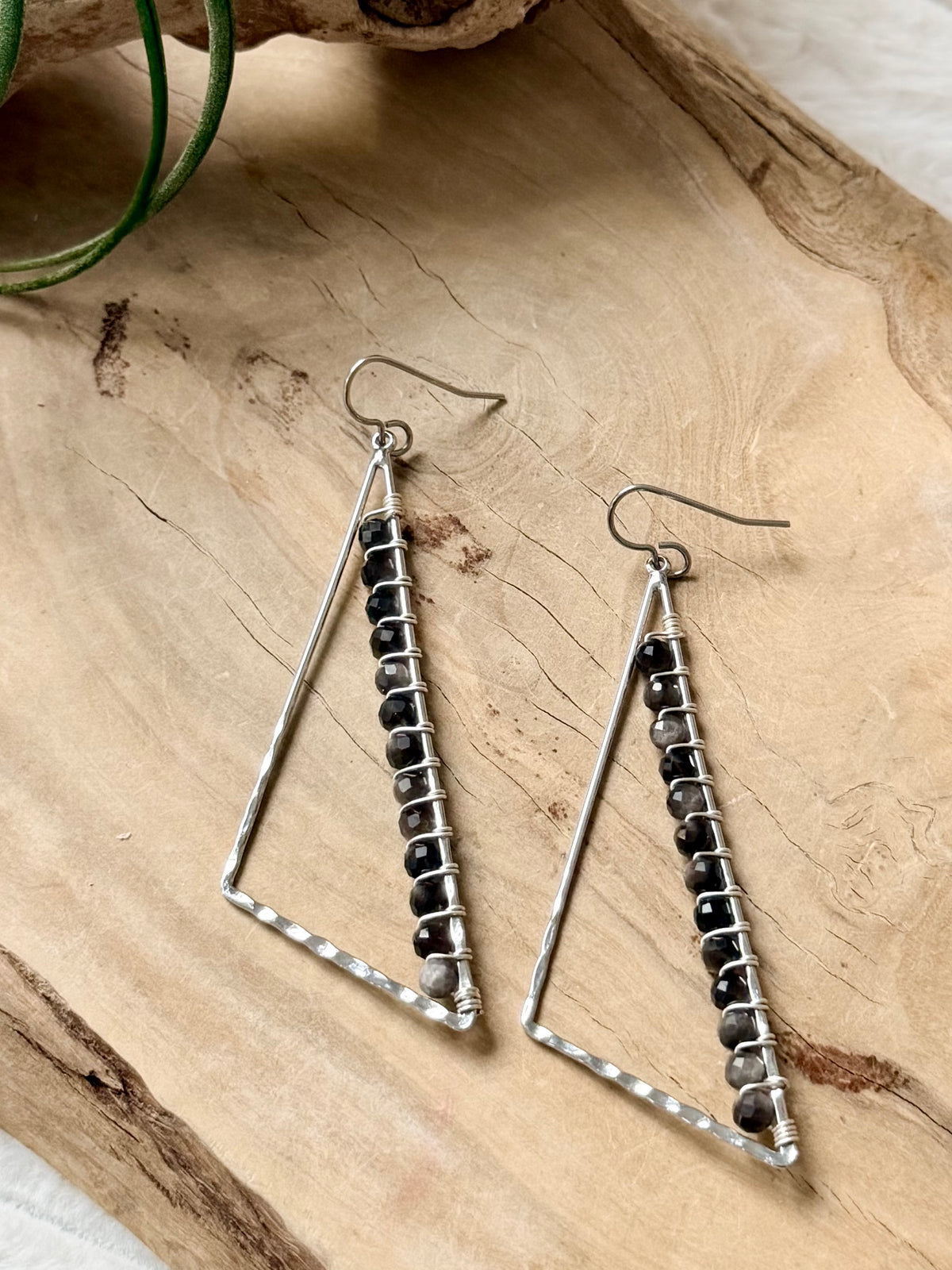 Silver Sheen Obsidian + Silver Large Triangle Earrings