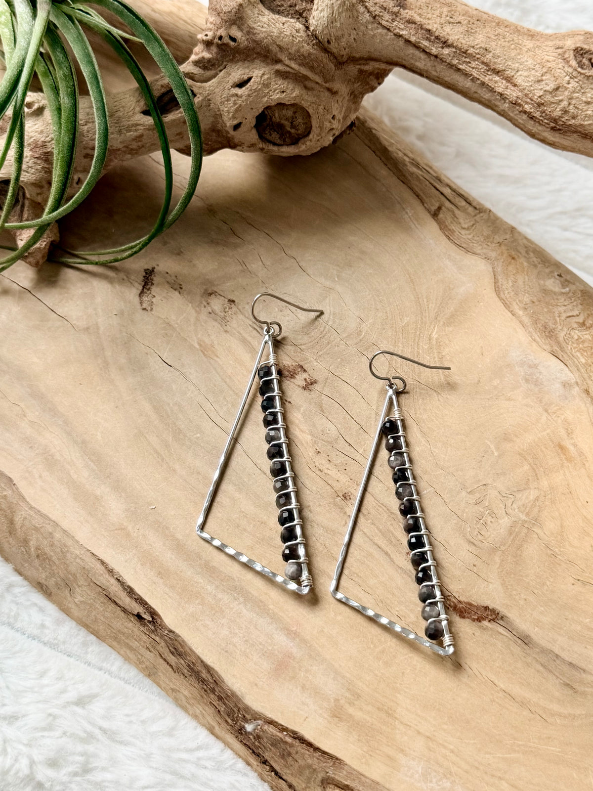 Silver Sheen Obsidian + Silver Large Triangle Earrings