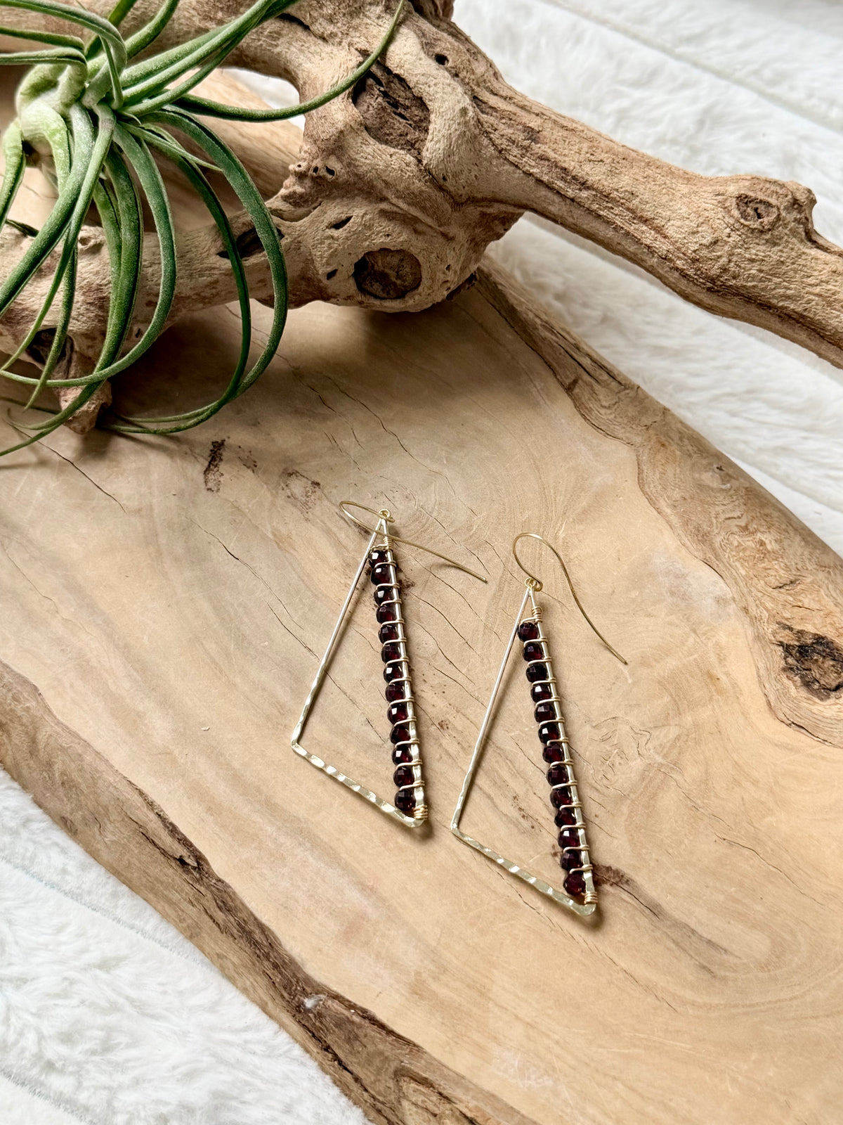 Garnet + Gold Large Triangle Earrings