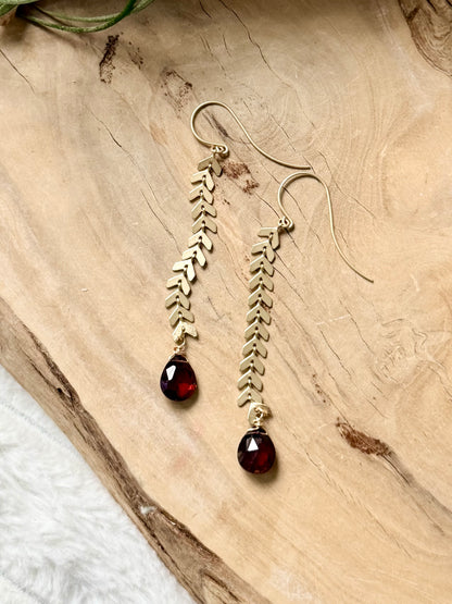 Garnet + Matte Gold Drop Earrings