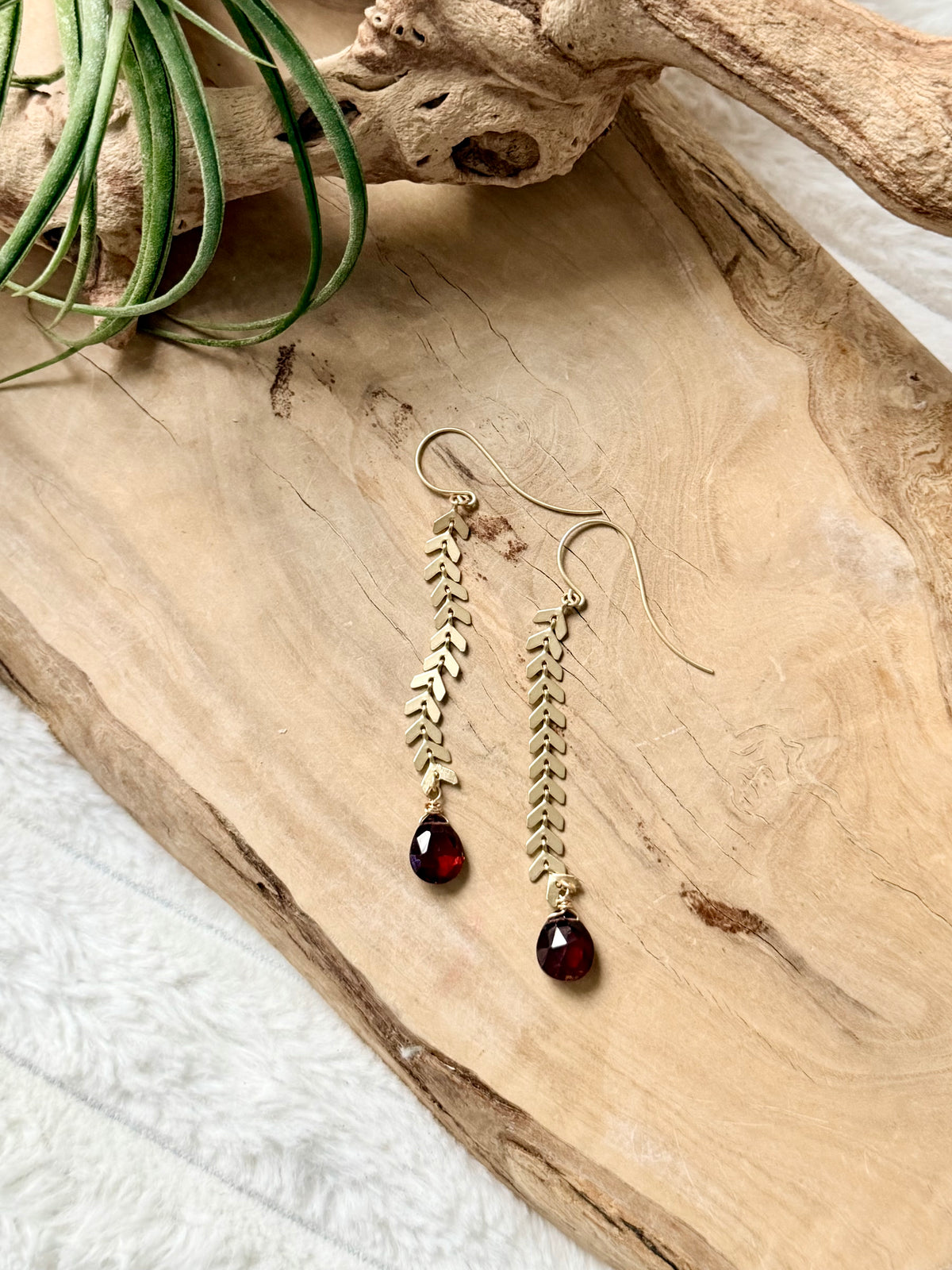 Garnet + Matte Gold Drop Earrings