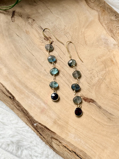 Labradorite + Garnet Matte Gold Drop Earrings