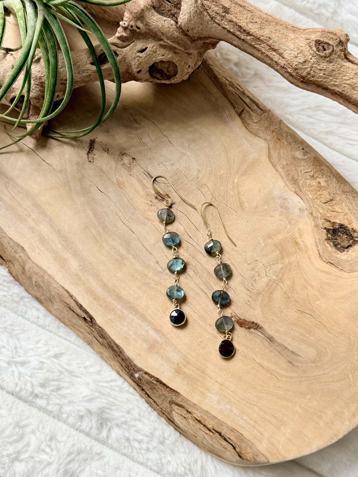 Labradorite + Garnet Matte Gold Drop Earrings