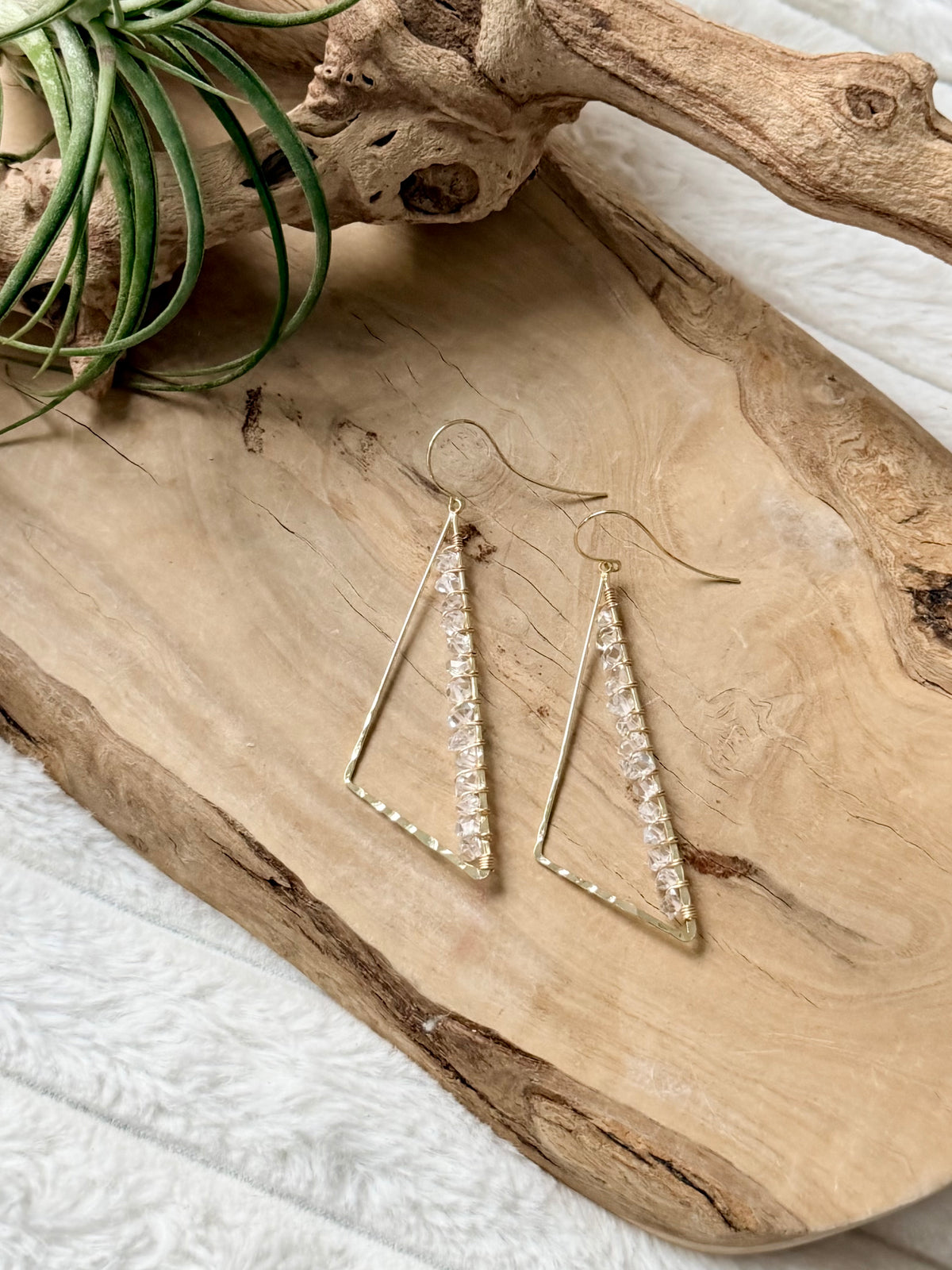 Herkimer Diamond + Gold Large Triangle Earrings