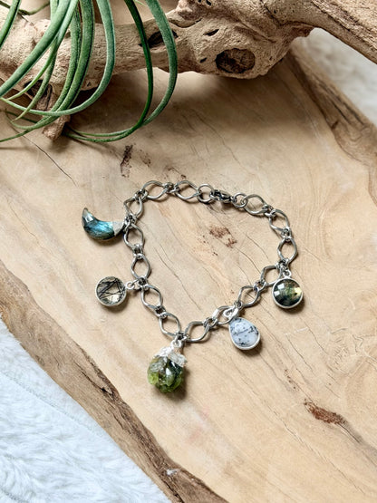 Labradorite + Peridot Silver Stainless Charm Bracelet