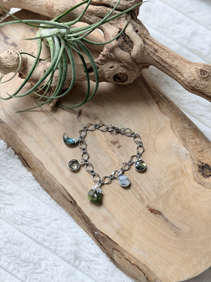 Labradorite + Peridot Silver Stainless Charm Bracelet