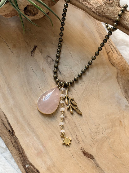 Rose Quartz + Mixed Metals Ball Chain Necklace