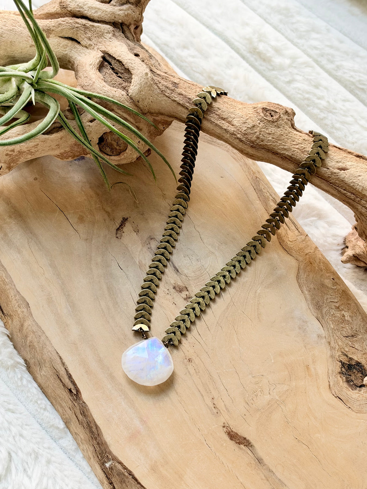 Rainbow Moonstone + Antique Brass Half-Moon Necklace