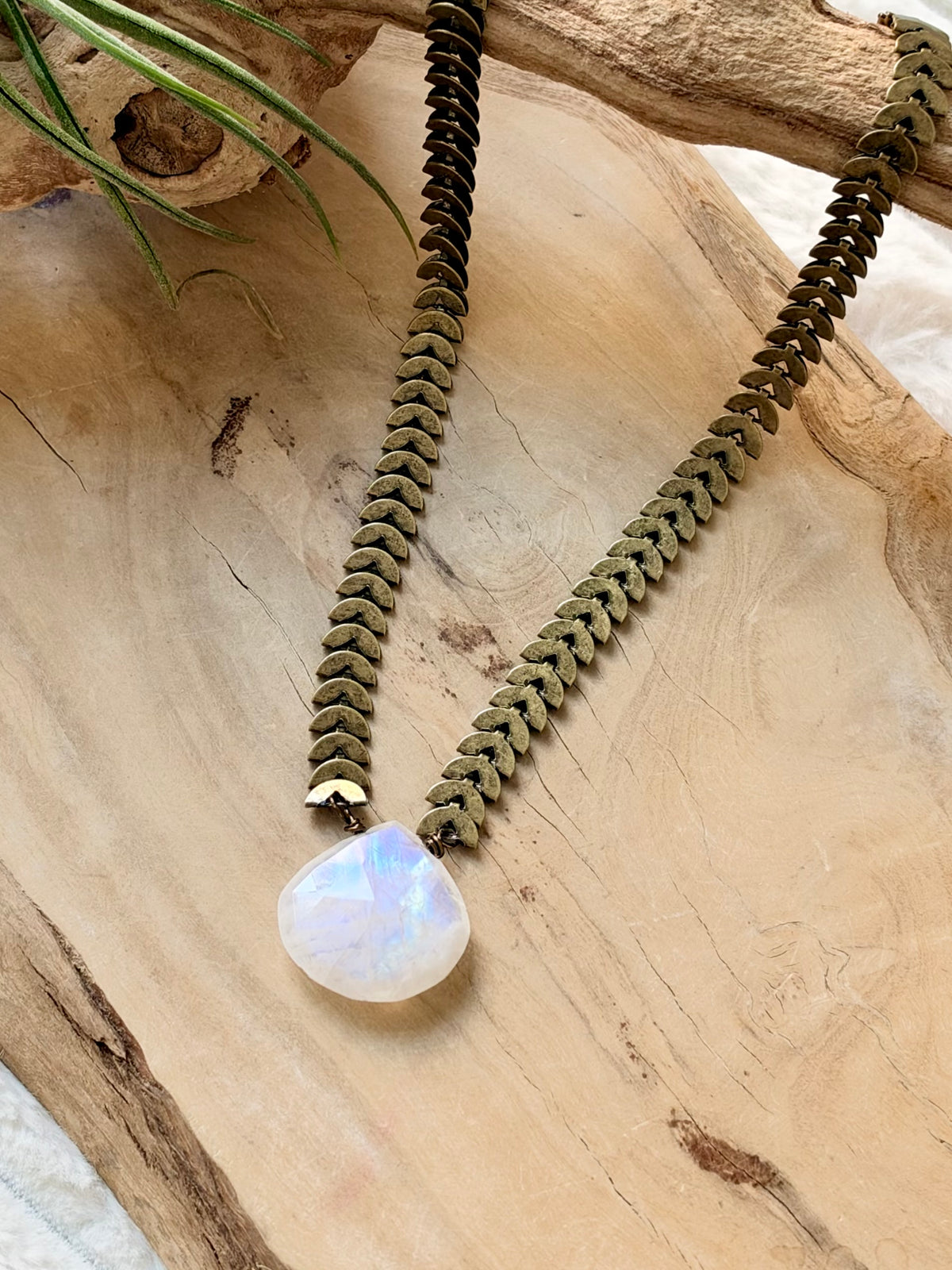 Rainbow Moonstone + Antique Brass Half-Moon Necklace