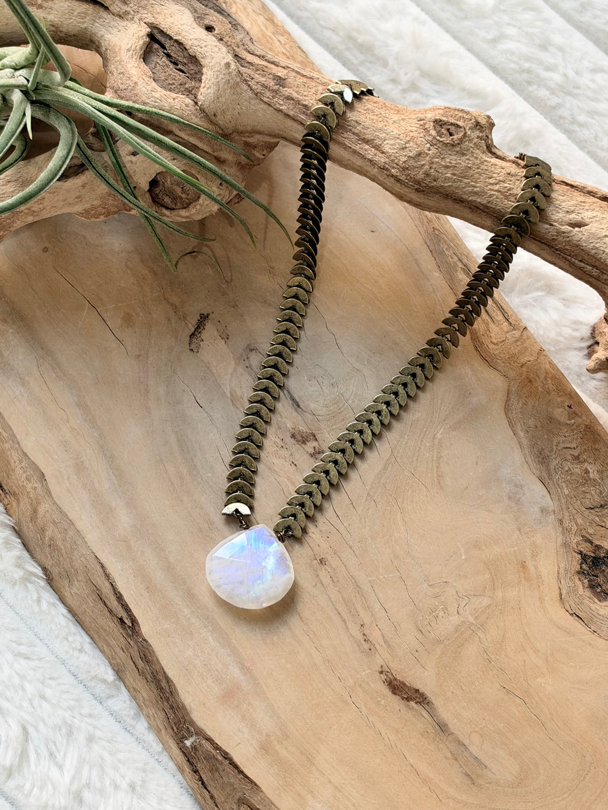 Rainbow Moonstone + Antique Brass Half-Moon Necklace