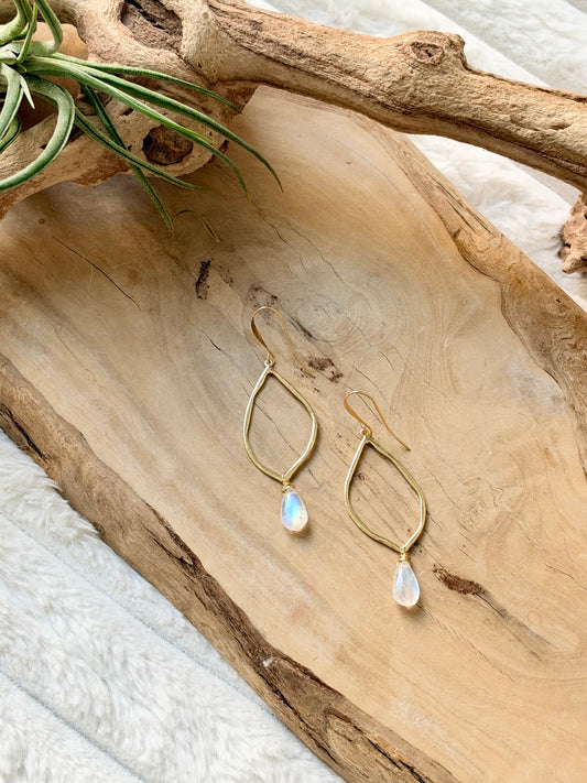 Madagascar Rainbow Moonstone + Gold Earrings