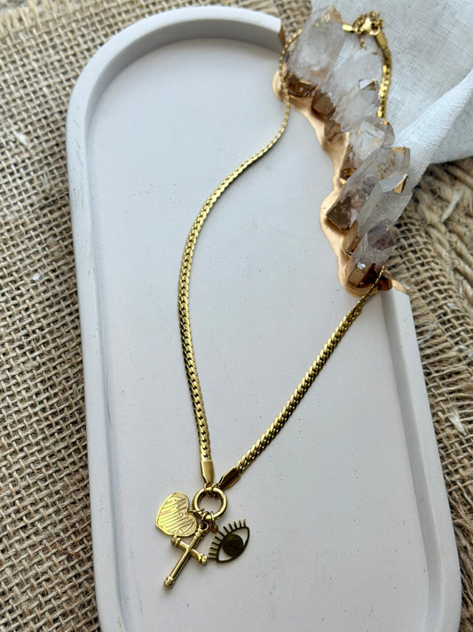 Amour + Protection Gold Carabiner Stainless Steel Necklace