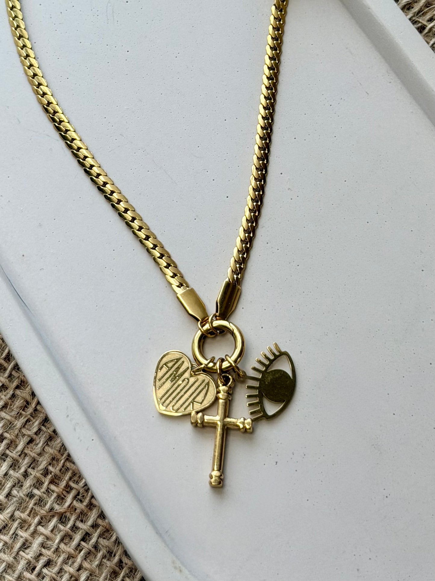 Amour + Protection Gold Carabiner Stainless Steel Necklace