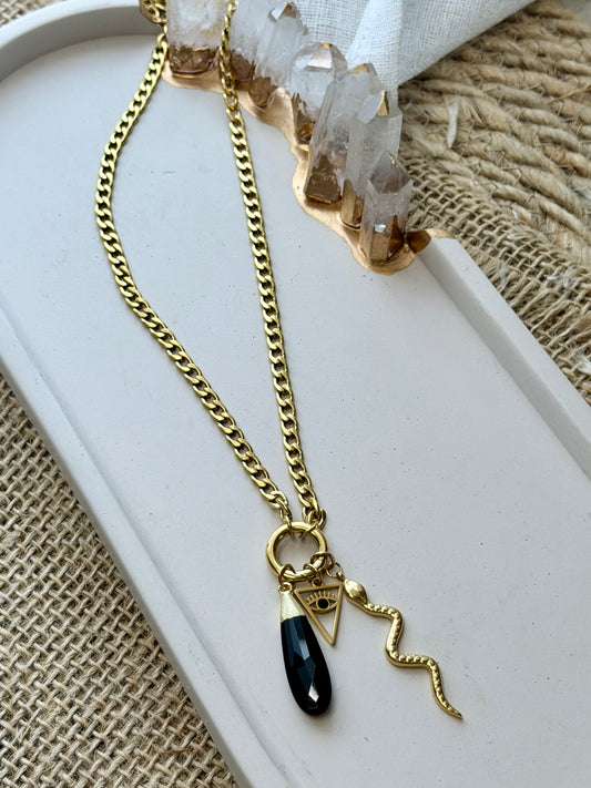 Black Onyx + Gold Carabiner Charm Necklace