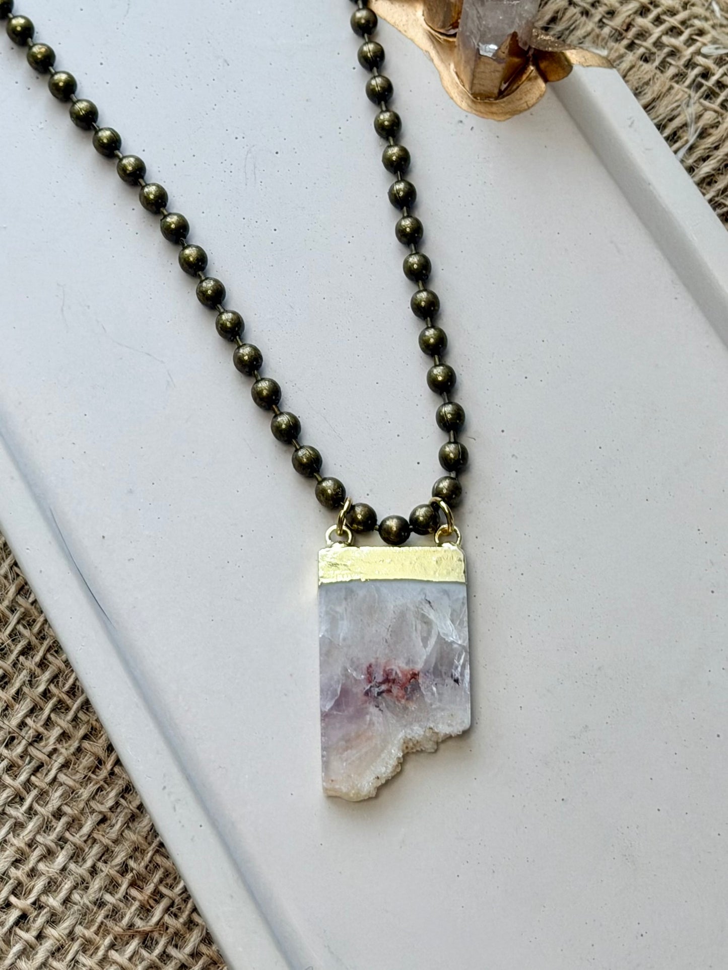 Amethyst Stalactite + Antique Brass Ball Chain Necklace