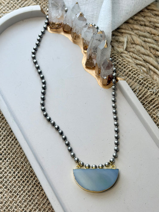 Agate + Antique Silver Ball Chain Necklace
