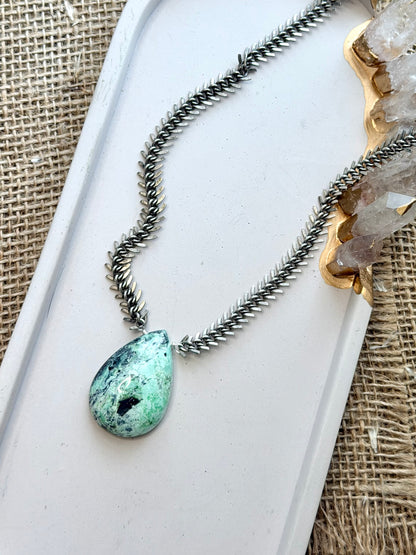 Variscite + Antique Silver Fishbone Necklace