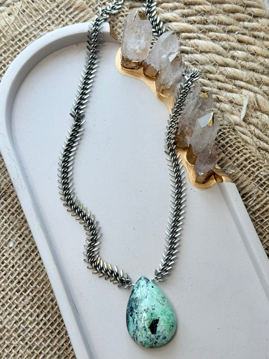 Variscite + Antique Silver Fishbone Necklace