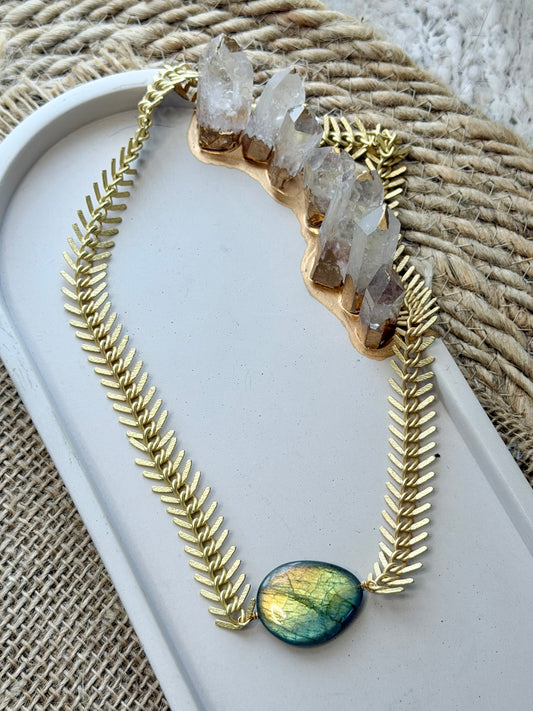Labradorite + Matte Gold Fishbone Chain Necklace