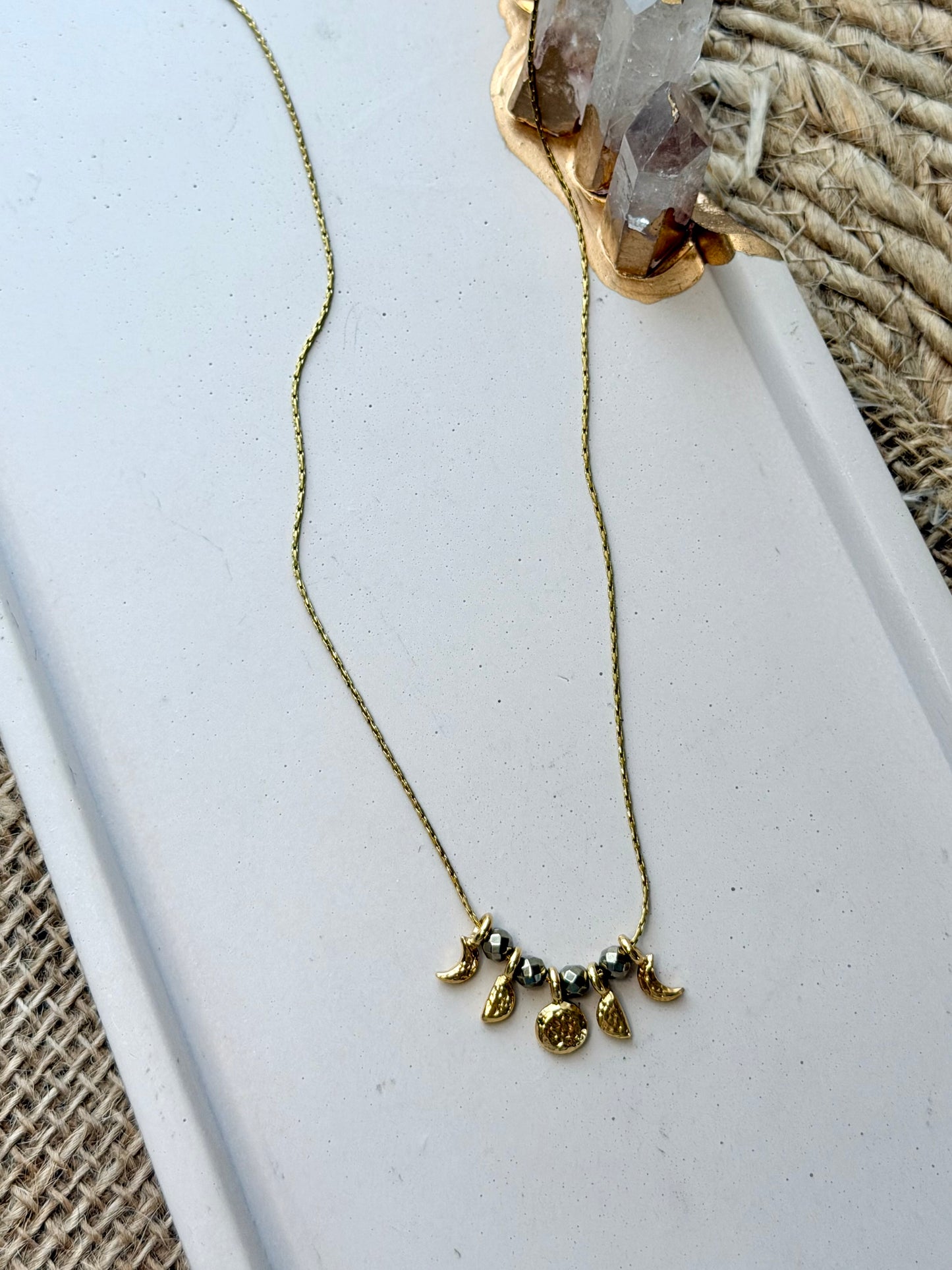 Champagne Hematite + Gold Moon Phases Necklace