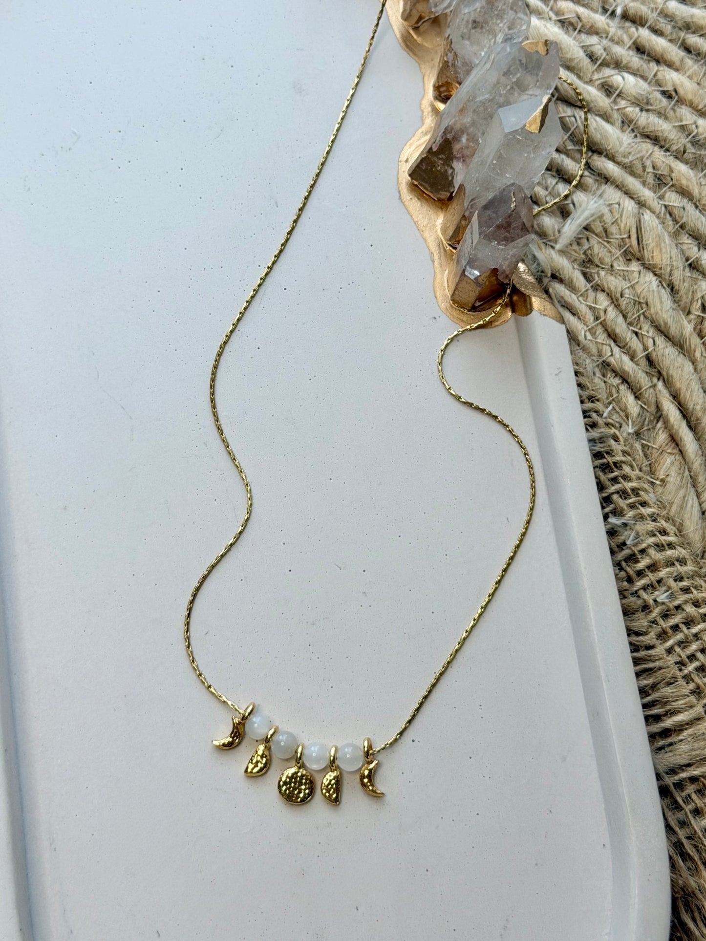 White Moonstone + Gold Moon Phases Necklace