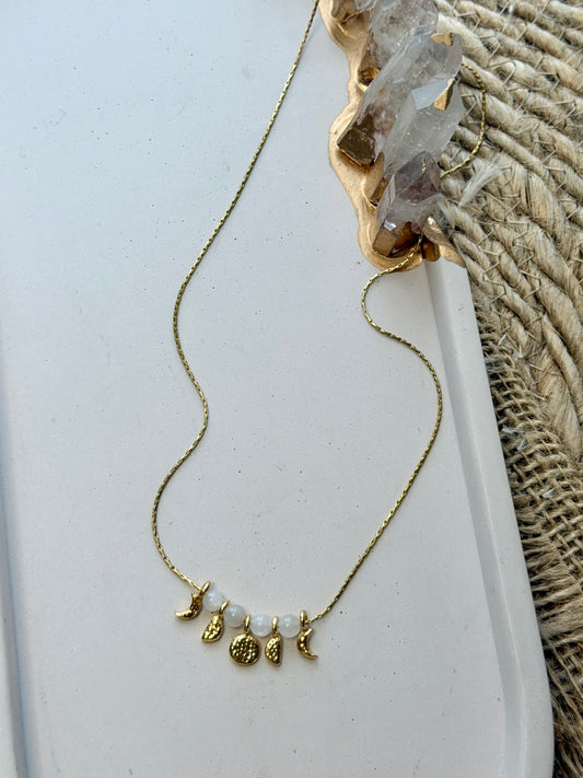 White Moonstone + Gold Moon Phases Necklace