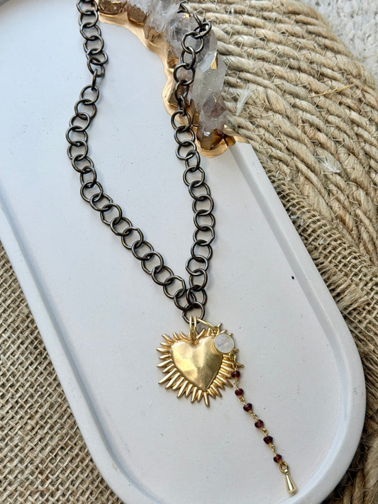 Matte Gold Fire Heart + Antique Brass Necklace