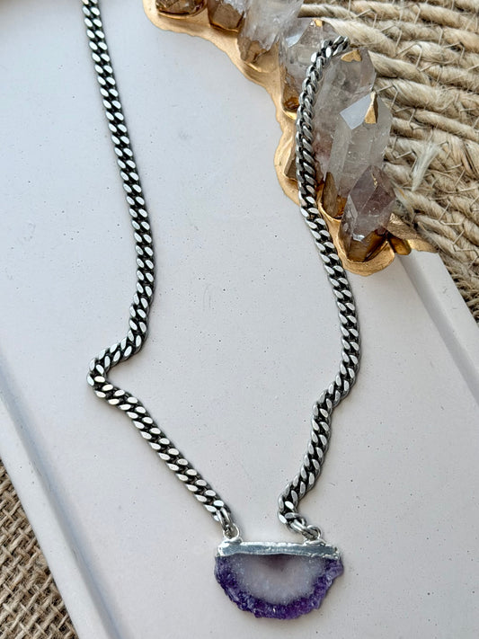 Amethyst Slice + Antique Silver Pendant Necklace