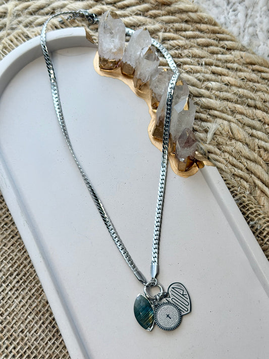 Labradorite Evil Eye + Silver Carabiner Charm Necklace