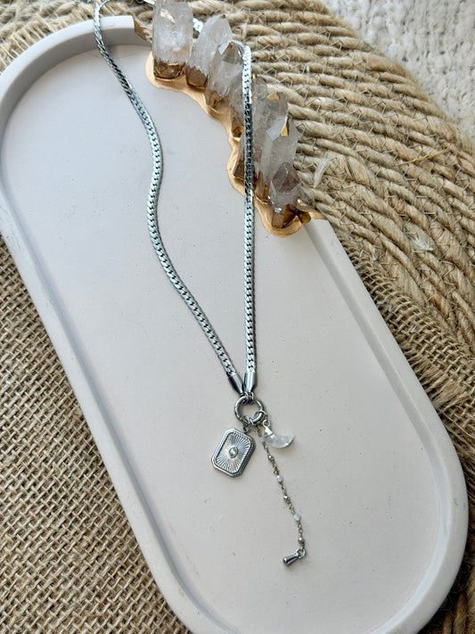 Rainbow Moonstone Moon + Silver Carabiner Charm Necklace