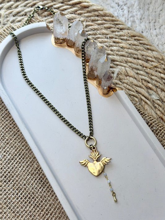 Matte Gold Winged Heart + Moonstone Antique Brass Necklace