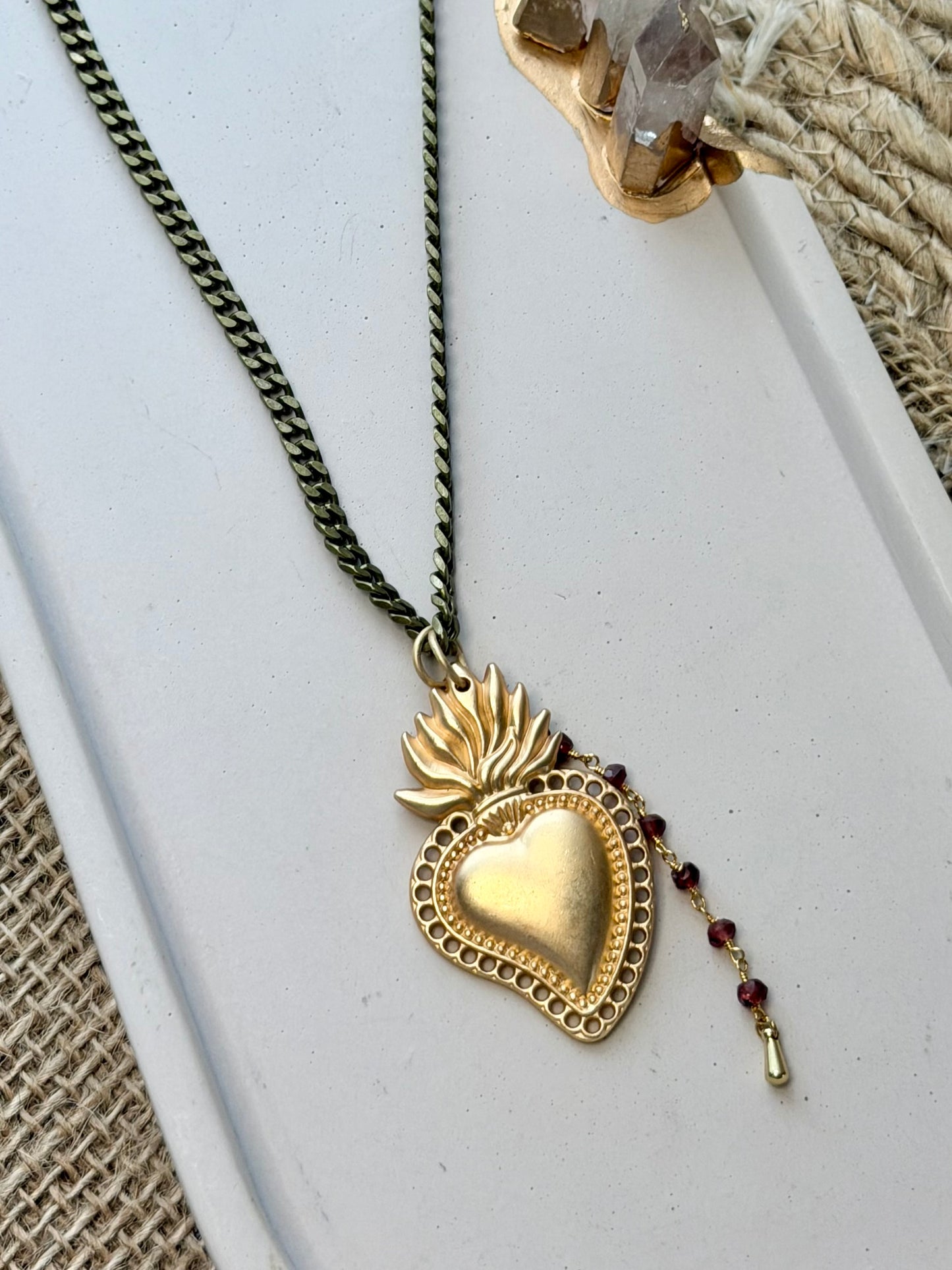 Matte Gold Sacred Heart + Garnet Antique Brass Necklace
