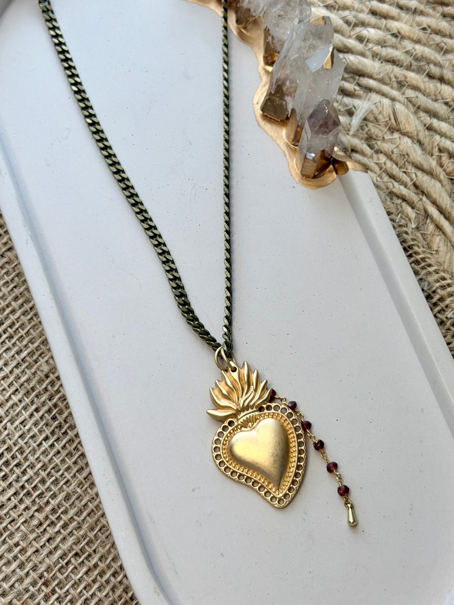 Matte Gold Sacred Heart + Garnet Antique Brass Necklace
