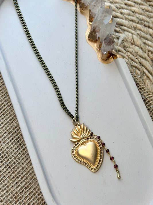 Matte Gold Sacred Heart + Garnet Antique Brass Necklace
