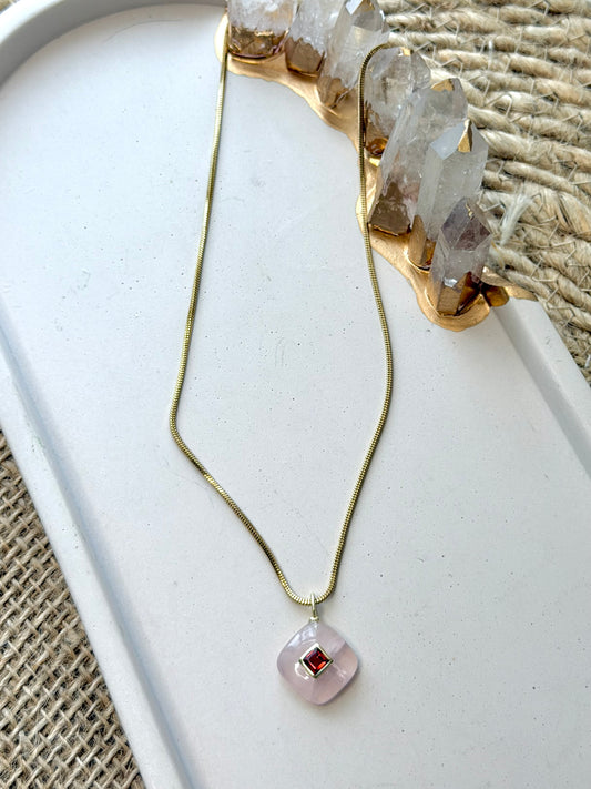 Rose Quartz + Garnet Gold Necklace