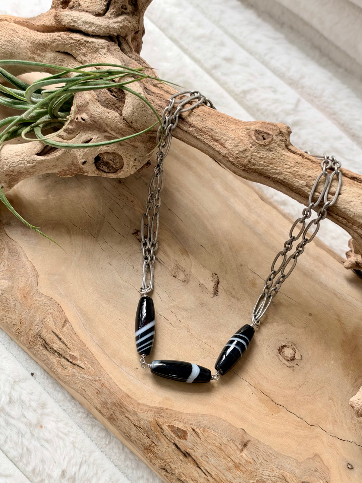 Tuxedo Agate + Antique Silver Necklace