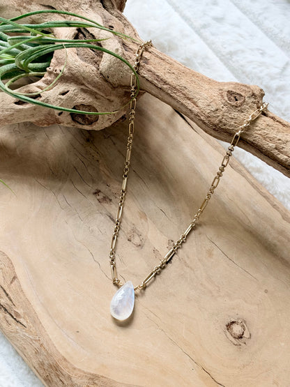 Rainbow Moonstone + Matte Gold Necklace