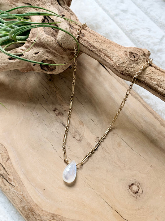 Rainbow Moonstone + Matte Gold Necklace