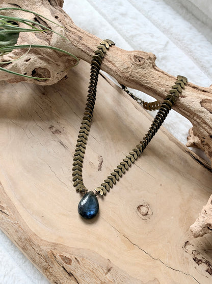 Labradorite + Antique Brass Half-Moon Necklace